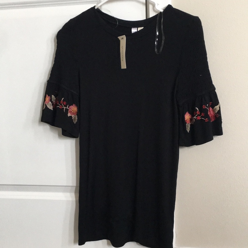 NWT Black Top with Smocked Embroidered Sleeves